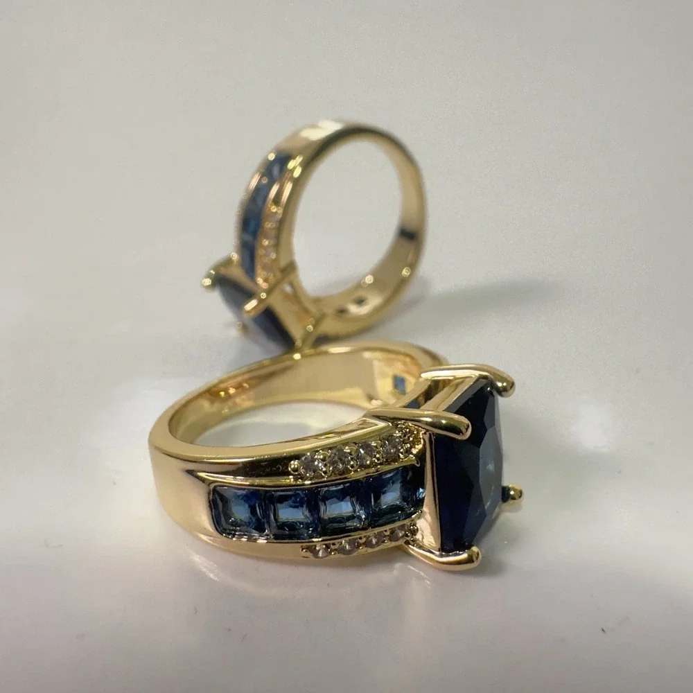 2 Yoursfs Rings Blue Stones Gold Tone Square Shape‎ Size 10 Costume Jewelry Gift